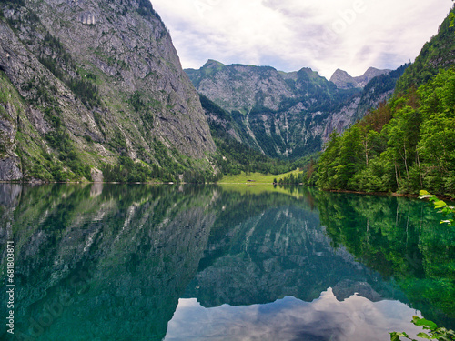 Majestic view of lake Obersee reflections in Bavaria, Germany