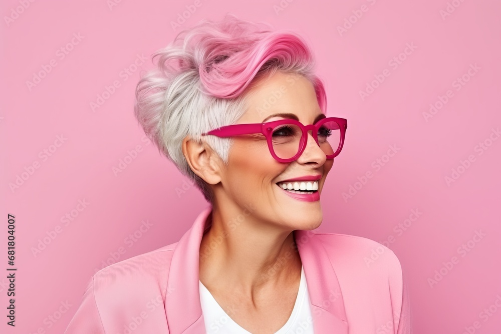 Portrait of a beautiful smiling woman with pink hair and glasses on pink background
