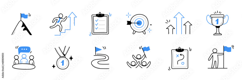 Business challenge person, work opportunity doodle icon set. Hand drawn sketch career purpose, professional goal cute trendy doodle icon. Career business success concept. Vector illustration - obrazy, fototapety, plakaty 