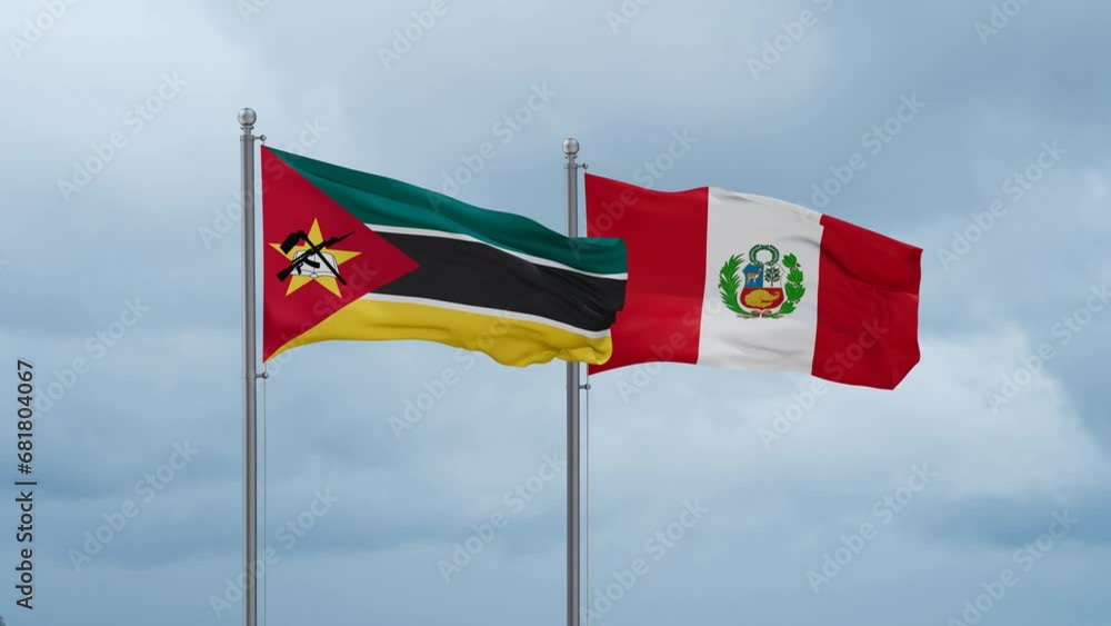 Peru and Mozambique flag waving together on cloudy sky, endless seamless loop, two country cooperation concept Peru and Mozambique flag waving together on cloudy sky, endless seamless loop, two country cooperation concept