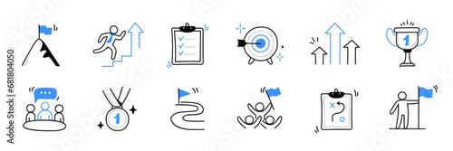 Business challenge person, work opportunity doodle icon set. Hand drawn sketch career purpose, professional goal cute trendy doodle icon. Career business success concept. Vector illustration