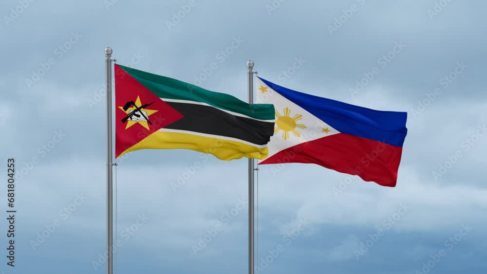 Philippines and Mozambique flag waving together on cloudy sky, endless seamless loop, two country cooperation concept Philippines and Mozambique flag waving together on cloudy sky, endless seamless loop, two country cooperation concept