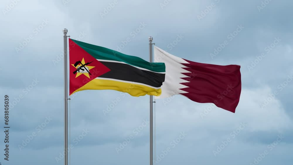 Qatar and Mozambique flag waving together on cloudy sky, endless seamless loop, two country cooperation concept Qatar and Mozambique flag waving together on cloudy sky, endless seamless loop, two country cooperation concept