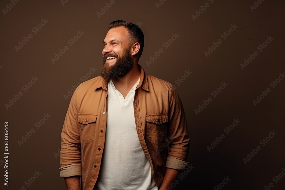 Portrait of a handsome man with long beard and mustache in a brown shirt.