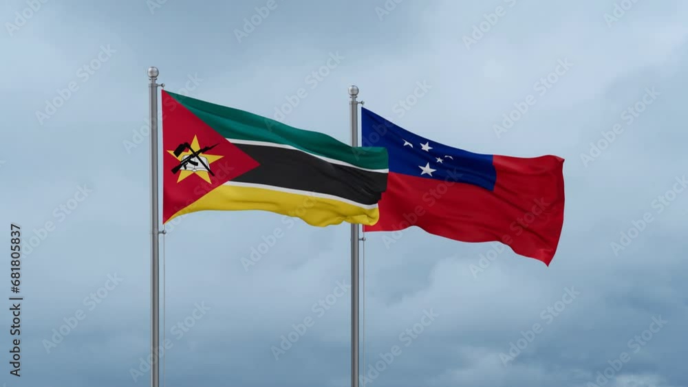 Samoa and Mozambique flag waving together on cloudy sky, endless seamless loop, two country cooperation concept Samoa and Mozambique flag waving together on cloudy sky, endless seamless loop, two country cooperation concept