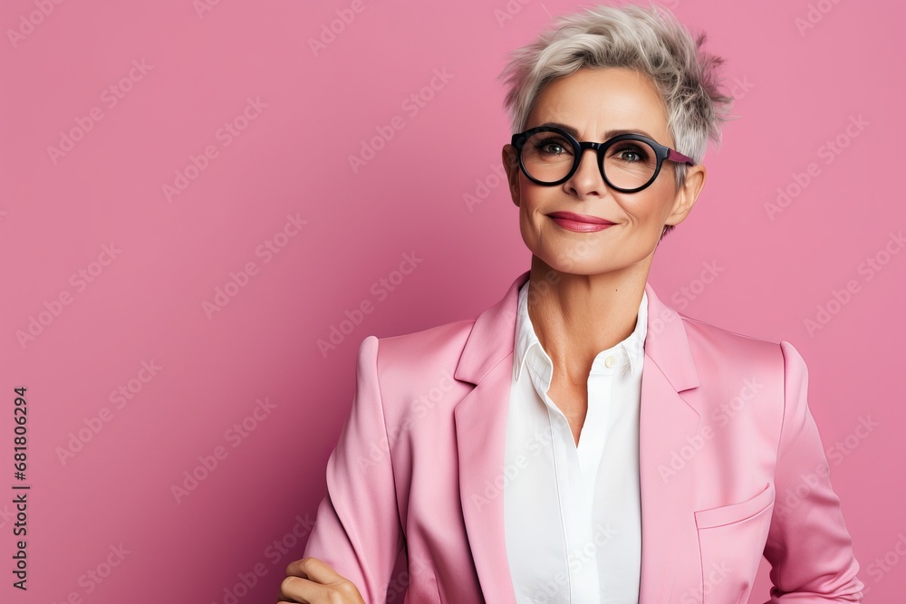 Portrait of a beautiful middle aged woman in pink suit and glasses.