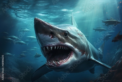 Hammerhead shark. Marine deep sea. Generate Ai © juliars