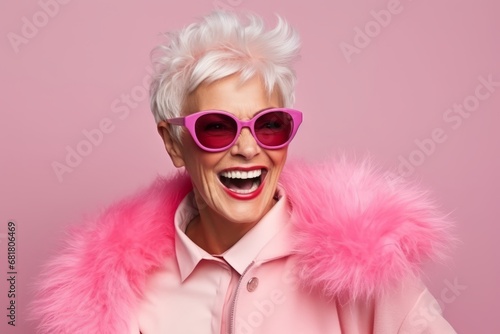 Portrait of a happy senior woman in pink sunglasses over pink background