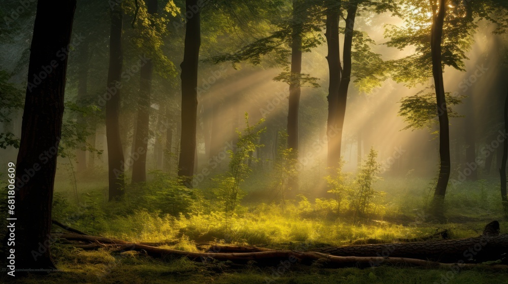 The sun's rays filtering through the trees in a serene forest, creating a beautiful play of light and shadows.