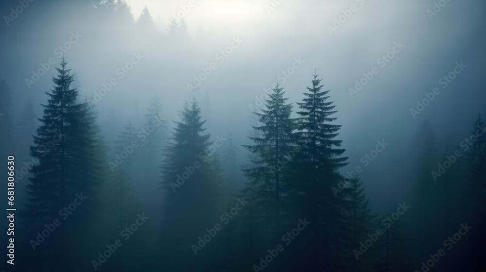 Dark pine forest shrouded in fog.