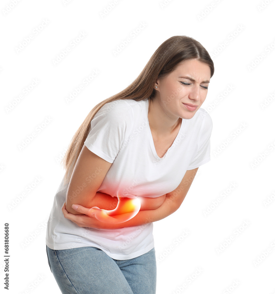 Woman suffering from abdominal pain on white background. Illustration of unhealthy stomach Woman suffering from abdominal pain on white background. Illustration of unhealthy stomach