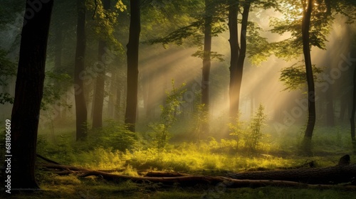 The sun s rays filtering through the trees in a serene forest  creating a beautiful play of light and shadows.