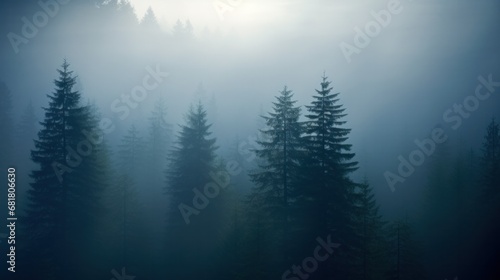 Dark pine forest shrouded in fog. © OKAN