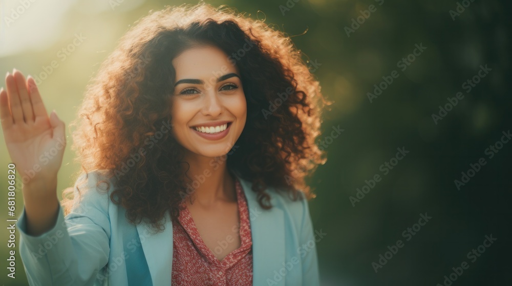 Curly-haired woman waving with a smile. Curly-haired woman waving with a smile.