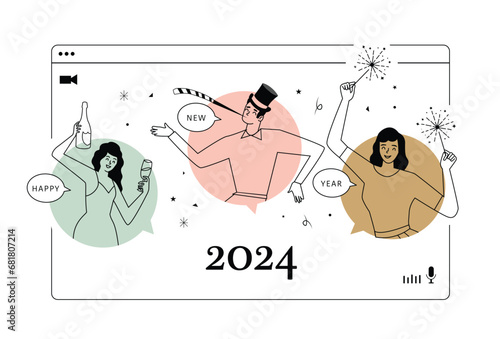 Friends Celebrating New Year Online, Virtual Party via Video Calling