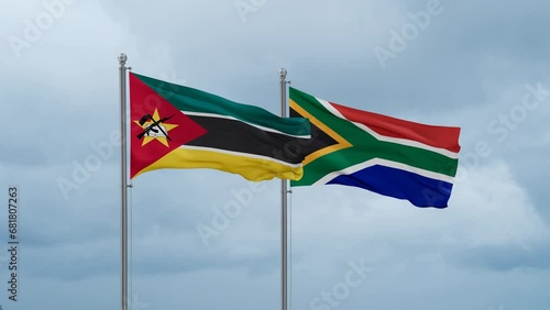 Republic of South Africa and Mozambique flag waving together on cloudy sky, endless seamless loop, two country cooperation concept
