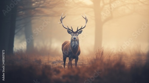 A deer standing in a foggy forest  surrounded by trees and mist.