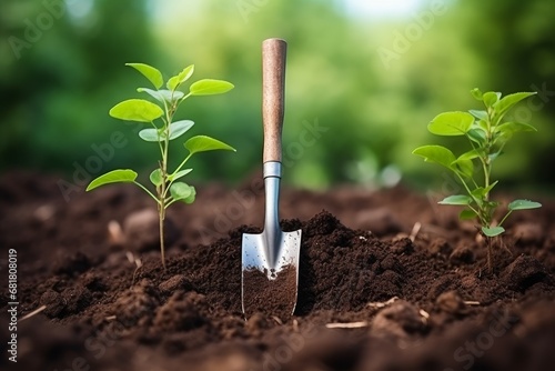 Lightweight Hand garden shovel spring. Organic grow. Generate Ai photo