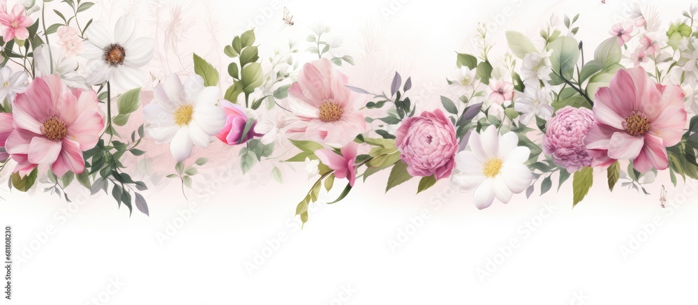 In a white background, an abstract floral frame captures the essence of summer with beautiful pink and white flowers, surrounded by a border of vibrant green plants, showcasing the natural beauty of