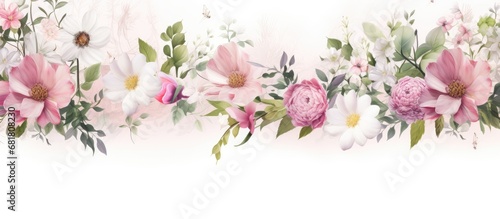 In a white background, an abstract floral frame captures the essence of summer with beautiful pink and white flowers, surrounded by a border of vibrant green plants, showcasing the natural beauty of