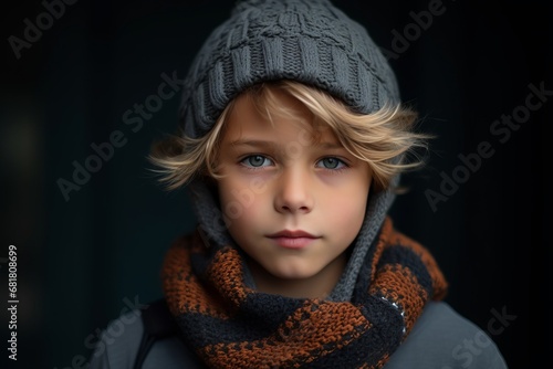 Portrait of a cute little boy in a knitted hat and scarf