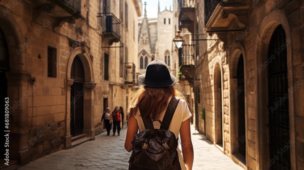 Woman with backpack walking down narrow street.