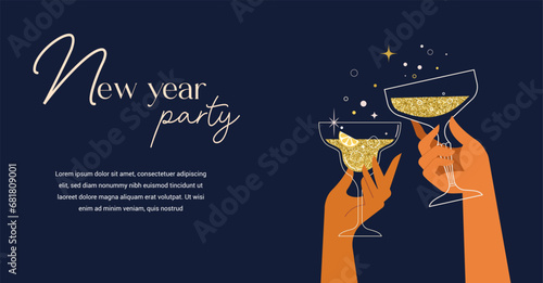 Happy New Year, poster, banner and card design with festive cocktails