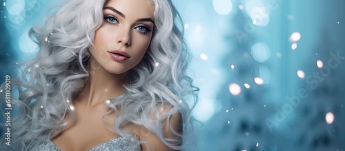 In a Christmas-inspired winter wonderland  a woman with flowing white hair and a face adorned with blue and silver makeup poses for a portrait  reflecting the beauty of fashion  art  and the holiday