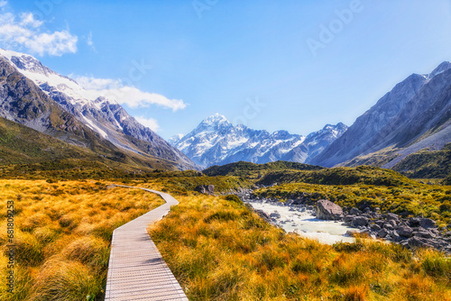 NZ Mt Cook Boardwalk grass river