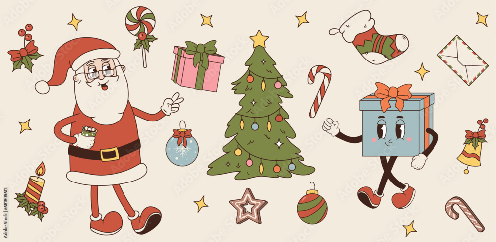 Vector set of Merry Christmas and Happy New year symbols. Illustrations of retro Christmas tree, gift character, Santa Claus, gingerbreads, candy, candle, ornaments, bell and bow with holly berry Vector set of Merry Christmas and Happy New year symbols. Illustrations of retro Christmas tree, gift character, Santa Claus, gingerbreads, candy, candle, ornaments, bell and bow with holly berry
