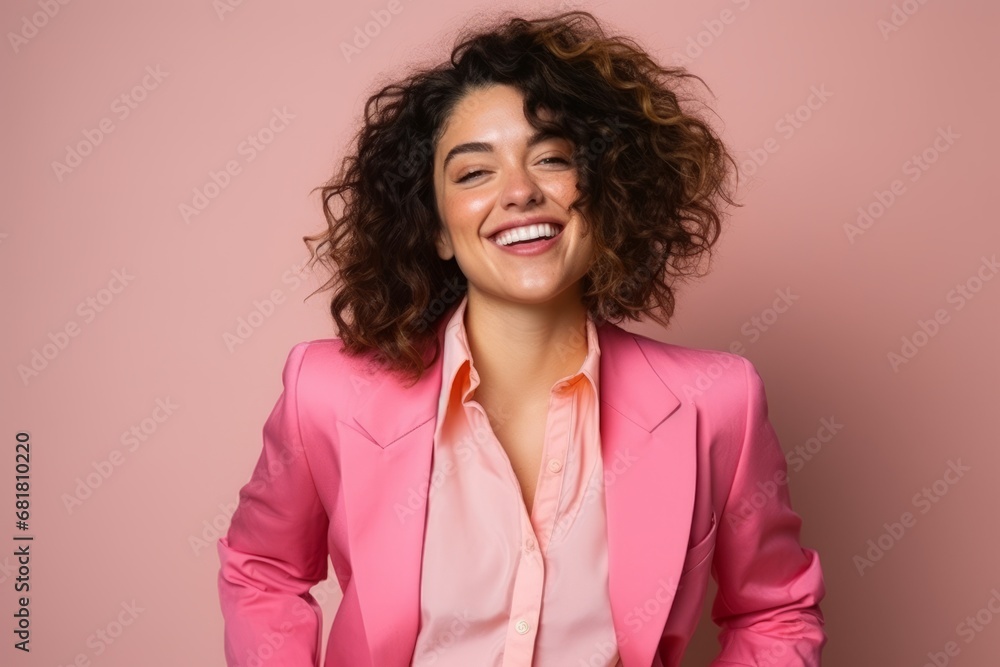 Portrait of a beautiful young woman with curly hair in a pink suit Portrait of a beautiful young woman with curly hair in a pink suit