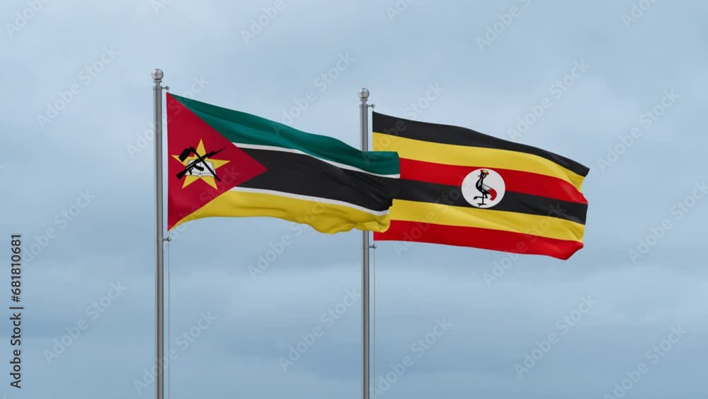 Republic of Uganda and Mozambique flag waving together on cloudy sky, endless seamless loop, two country cooperation concept Republic of Uganda and Mozambique flag waving together on cloudy sky, endless seamless loop, two country cooperation concept
