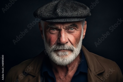 Portrait of an old man with grey beard and cap. Studio shot.