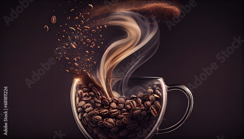 Roasted coffee bean spilling form Smoke shape cup hot drink espresso aroma beverage food grain breakfast black cafes brown mocha background energy caffeine flying morning isolated closeup break