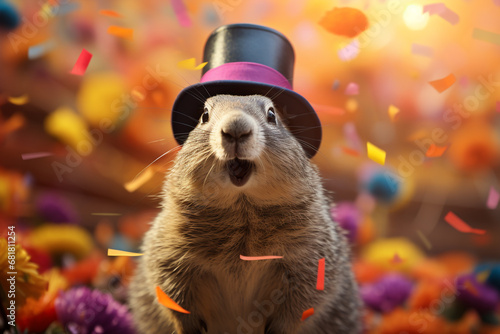 Groundhog Day. February 2nd, Punxsutawney Phil, hat, happy and smiling. folklore, superstition, weather forecasting, symbol of anticipation for changing seasons. banner, greeting card, copy space. photo