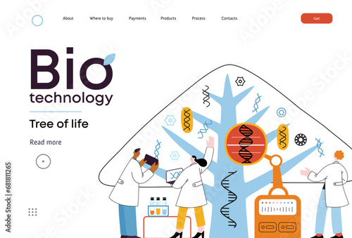 Bio Technology, Tree of life - modern flat vector concept illustration of scientists observing the tree, whose leaves represent various types of DNA. Metaphor of genetic research and diversity of life