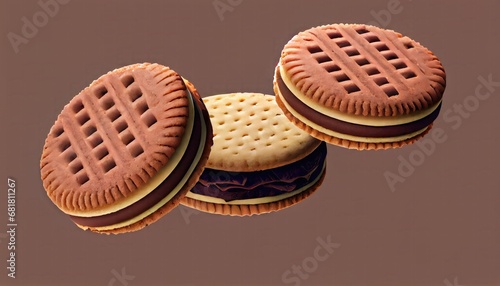 Sandwich cookies chocolate fill biscuit package design cookie filled baked white dairy falling isolated round shape promotion collection food vanilla ingredient stack dessert bread crispy photo