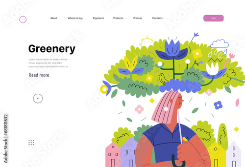 Greenery, ecology -modern flat vector concept illustration of a woman under the green lush umbrella of plants and flowers. Metaphor of environmental sustainability and protection, closeness to nature