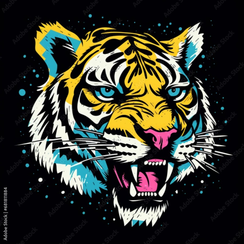 Tiger Head | Pop Art | Bright and Pop black and blue colors | dotted background | bold colors, flat surfaces, mass-production | Vibrant, Iconic, Generative AI Tiger Head | Pop Art | Bright and Pop black and blue colors | dotted background | bold colors, flat surfaces, mass-production | Vibrant, Iconic, Generative AI