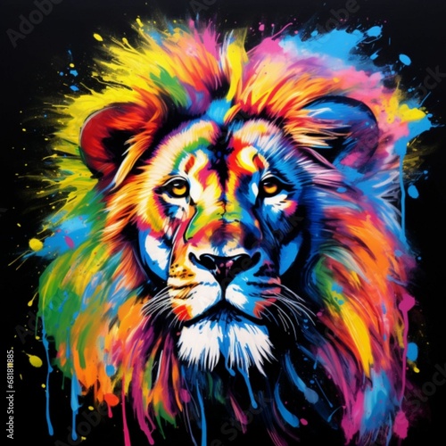 Lion Head   Pop Art   Bright and Pop black and blue colors   dotted background   bold colors  flat surfaces  mass-production   Vibrant  Iconic  Generative AI