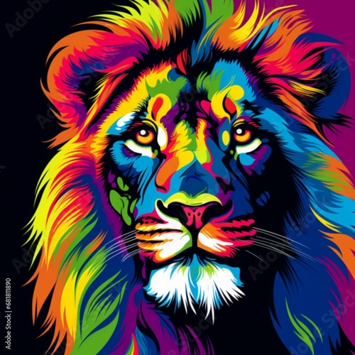 Lion Head   Pop Art   Bright and Pop black and blue colors   dotted background   bold colors  flat surfaces  mass-production   Vibrant  Iconic  Generative AI