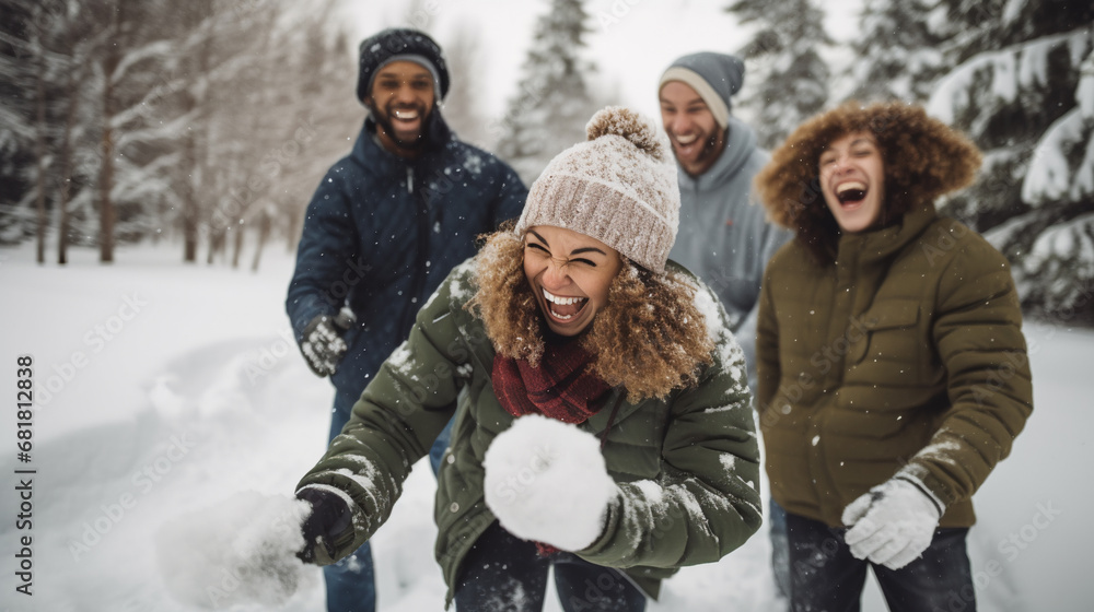 A group of friends having a snowball fight, AI Generative. A group of friends having a snowball fight, AI Generative.