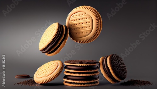 Sandwich cookies chocolate fill 3d illustration biscuit package design cracker dessert sweet crispy snack tasty advertisement food breakfast bread brown rich view colourful crunchy brand delicious photo