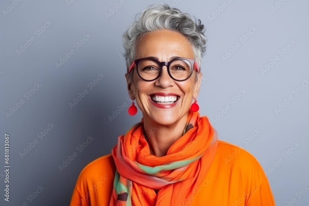 Portrait of a happy senior woman in orange scarf and glasses.