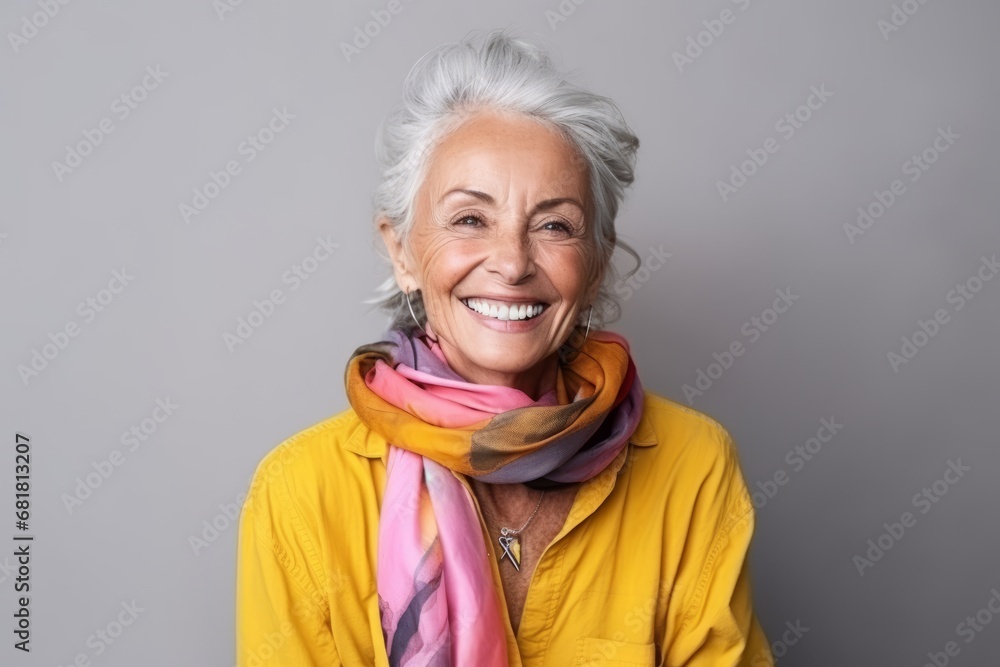 Portrait of a happy senior woman smiling at the camera over grey background Portrait of a happy senior woman smiling at the camera over grey background