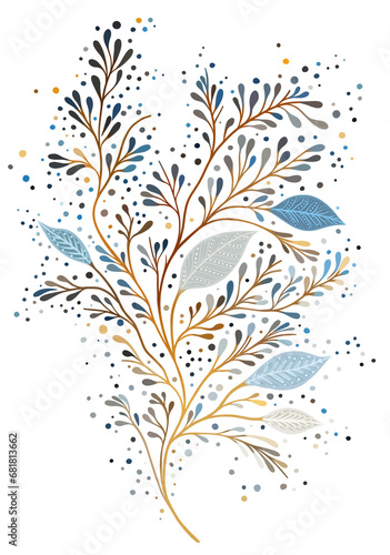 A PNG file of a stylized botanical illustration with abstract floral elements in autumn-winter colors on a transparent backdrop. A hand-drawn branch with dots, created on a tablet. photo