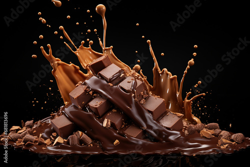 Composition of chocolate with nuts, caramel and milk. Beautiful chocolate dessert. Generative AI.