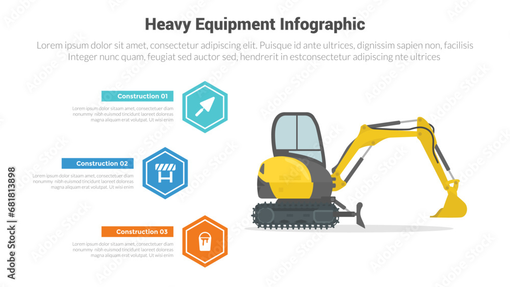 heavy equipment machine infographics template diagram with excavator with 3 point step creative design for slide presentation heavy equipment machine infographics template diagram with excavator with 3 point step creative design for slide presentation