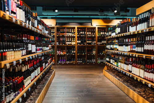 Liquor store background. Alcohol retail industry. Wine bottles on shelves in wine shop. photo