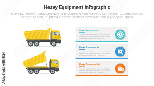 heavy equipment machine infographics template diagram with dump truck with 3 point step creative design for slide presentation